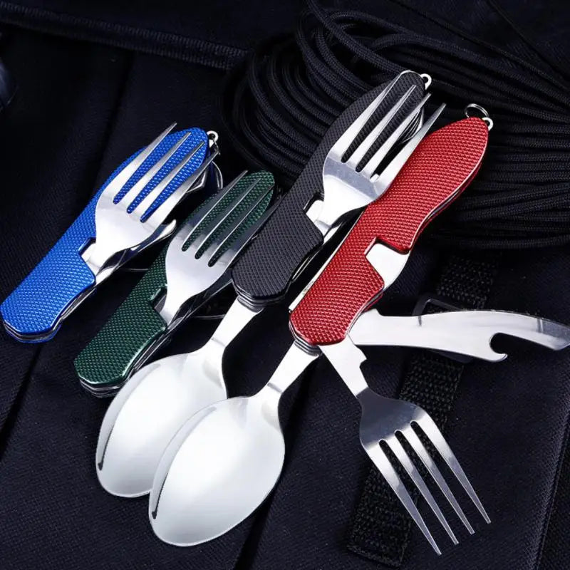 4 In 1 Detachable Camping Utensils Cutlery Set Stainless Steel Travel Dinnerware Set Foldable Knife Fork Spoon Bottle Opener