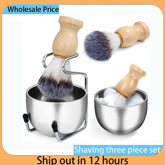 Mens Shaving Brush and Bowl Set, 3-in-1 Shaving Brush Kit Wood Handle with Stainless Steel Shaving Bowl & Brush Standas