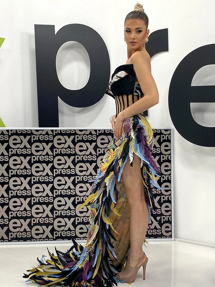 VC Women'S Dress Luxury Colorful Feathers Sexy Strapless Bodycon Long Fashion Evening Party Formal Occasions Evening Gowns