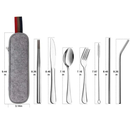 Tableware Reusable Travel Cutlery Set Camp Utensils  with Stainless Steel Spoon Fork Chopsticks Straw Portable Case