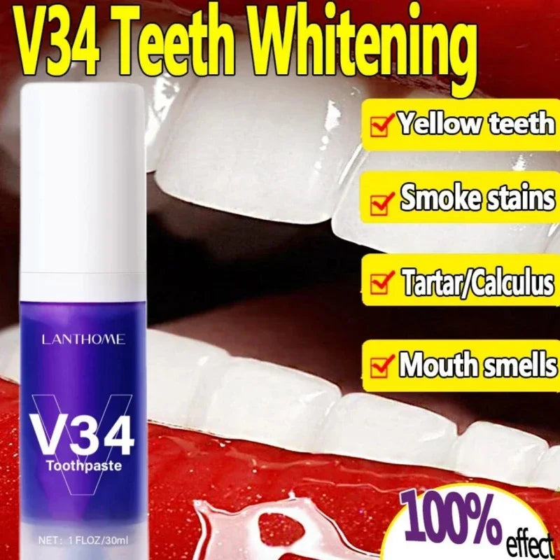 V34 Pro Smile Removal Plaque Stain Purple Corrector Teeth Whitening Toothpaste Enamel Easy Reduce Yellowing Oral Clean Care New