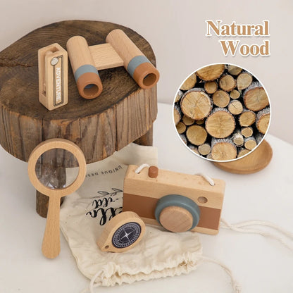 5pcs Outdoor Montessori Adventure Set Wooden Telescope Compass Toy  For Children Wooden DIY Presents Nursing Gifts Outdoor Toys