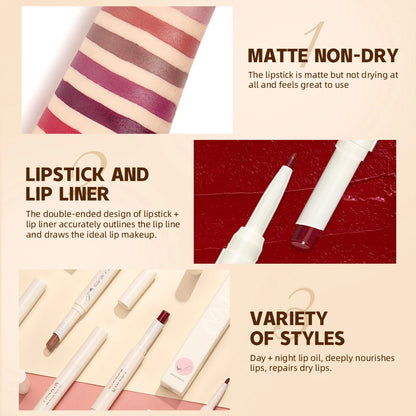 QIBEST Double Sided Lipstick Lip Liner Pen Long Lasting Matte Lip Pencil Waterproof Moisturizing Lipstick Lip Makeup Cosmetics