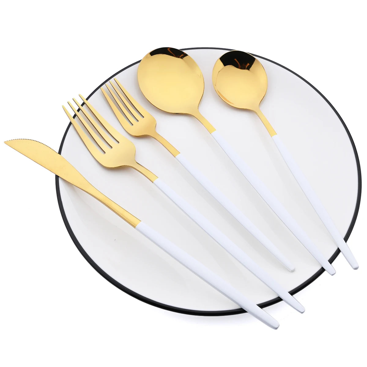 6Pcs White Gold Dinnerware Set Knife Fork Long Handle Spoons Chopsticks Flatware Cutlery Stainless Steel Tableware Silverware