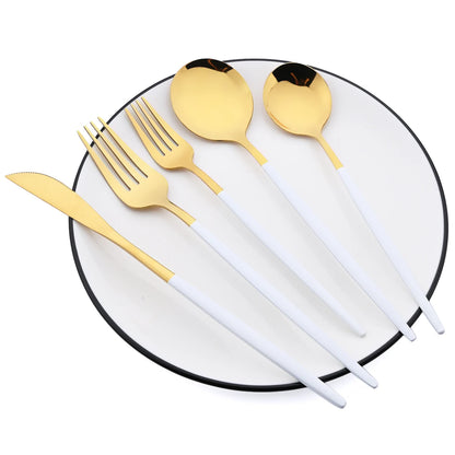 6Pcs White Gold Dinnerware Set Knife Fork Long Handle Spoons Chopsticks Flatware Cutlery Stainless Steel Tableware Silverware