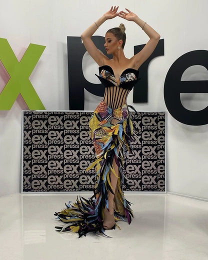 VC Women'S Dress Luxury Colorful Feathers Sexy Strapless Bodycon Long Fashion Evening Party Formal Occasions Evening Gowns