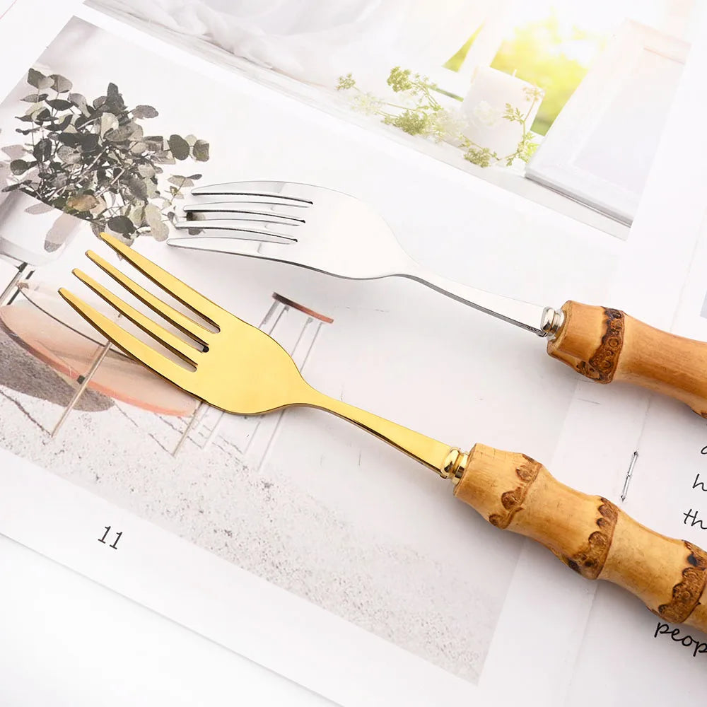 Drmfiy 4/20Pcs Natural Bamboo Handle Silver Dinnerware Set Stainless Steel Cutlery Set Kitchen Knife Fork Spoons Tableware Set
