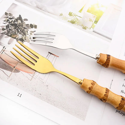 Drmfiy 4/20Pcs Natural Bamboo Handle Silver Dinnerware Set Stainless Steel Cutlery Set Kitchen Knife Fork Spoons Tableware Set