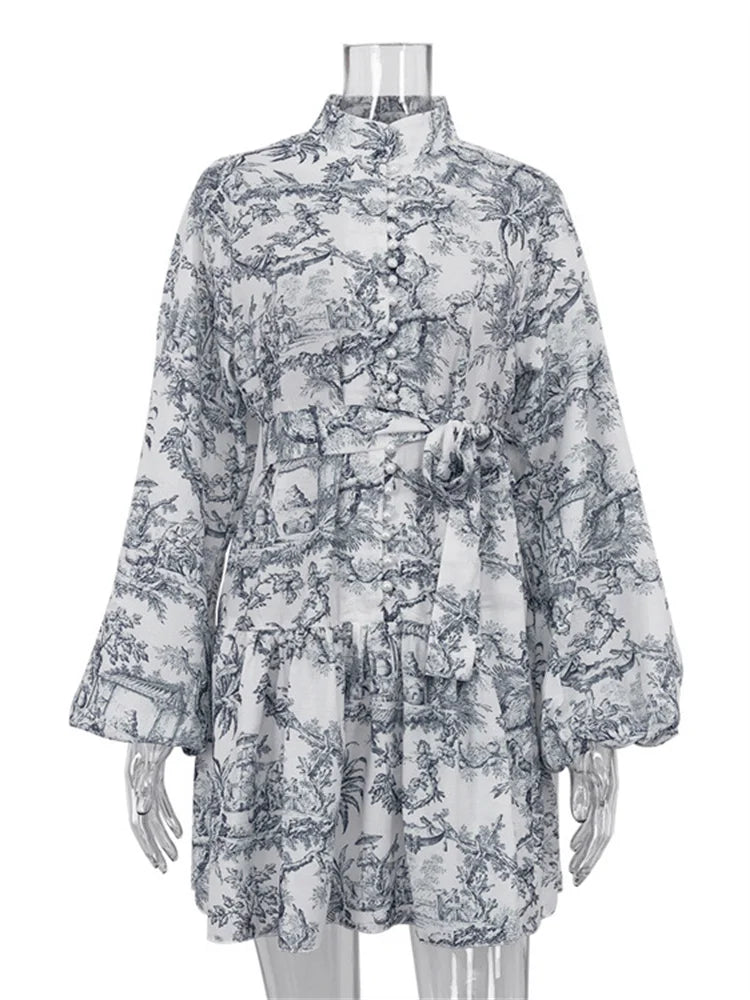 Tossy Vintage Printed Lace-Up Mini Dress For Women