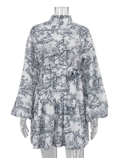 Tossy Vintage Printed Lace-Up Mini Dress For Women