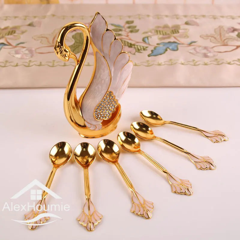 Ice Cream Cake Coffee Tea Stirring Spoons Dessert Swan Holder Cutlery Spoons Set Cutlery Kitchen Tableware 1 Set of 7 Pieces