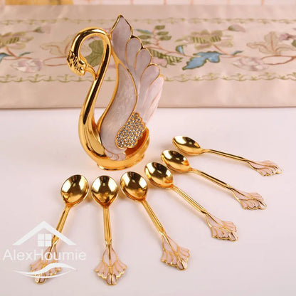 Ice Cream Cake Coffee Tea Stirring Spoons Dessert Swan Holder Cutlery Spoons Set Cutlery Kitchen Tableware 1 Set of 7 Pieces
