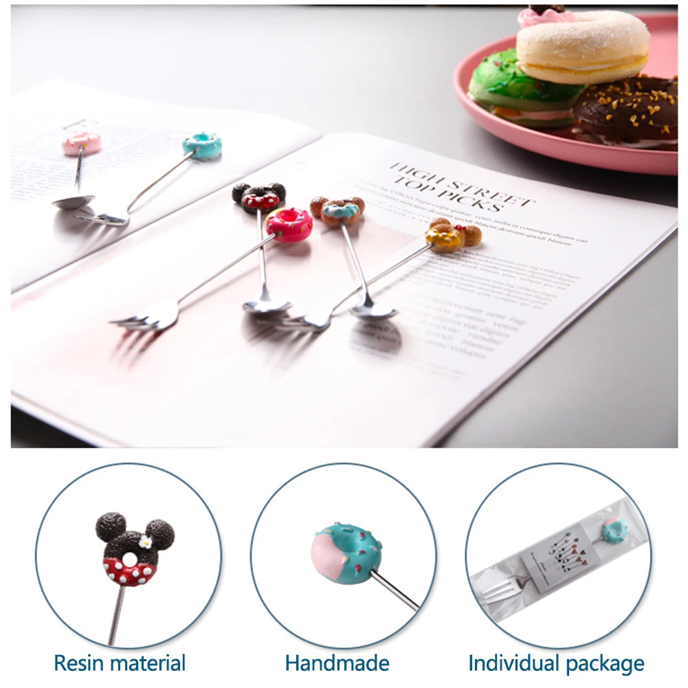 Stainless Steel Doughnut Spoon Fork Coffee Cake Dessert Tea Ice Cream Cartoon Teaspoon Stirring  Candy Cute Kids Dinnerware
