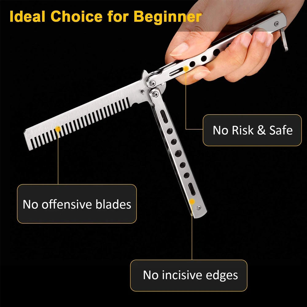 Stainless Steel Hair Comb Butterfly Foldable Comb Practice Beginner Training- Metal Comb Men Oil Hair Styling Accessories Tool