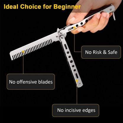 Stainless Steel Hair Comb Butterfly Foldable Comb Practice Beginner Training- Metal Comb Men Oil Hair Styling Accessories Tool
