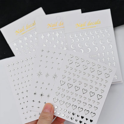 6Pcs/set Metal Mirror Silver Star Nail Art Sticker Bronzing Sun/Moon/Star Nail Decal Self-Adhesive Laser Star Manicure Slider