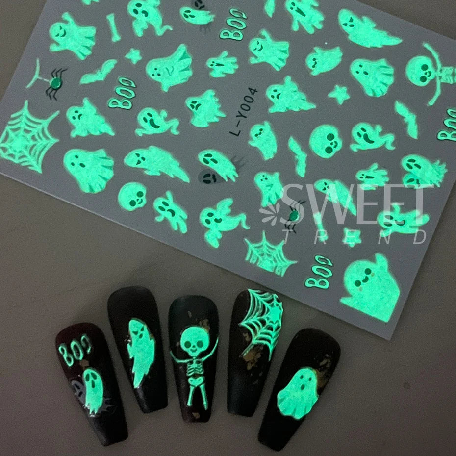 3D Black Human Silhouettes Nail Stiker Luminous Blooming Design Ghost Demon Cat Angel Butterfly DIY Slider Nail Foils Decoration