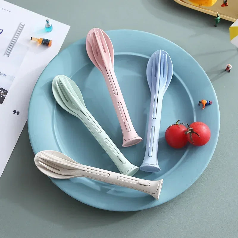 3pcs/set 3 In 1 Travel Portable Cutlery Set Japan Style Wheat Straw Knife Fork Spoon Student Dinnerware Sets Kitchen Tableware