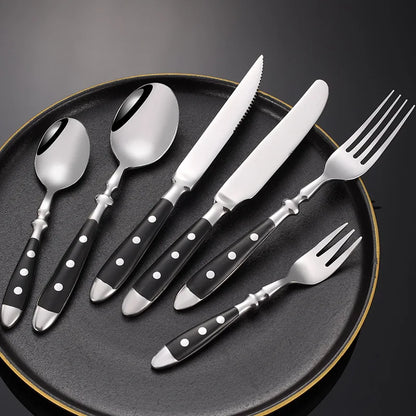 Western Stainless Steel Cutlery Set Creative Retro Steak Knife Dining Fork Spoon Dinnerware Set Rivets Handle Kitchen Tableware