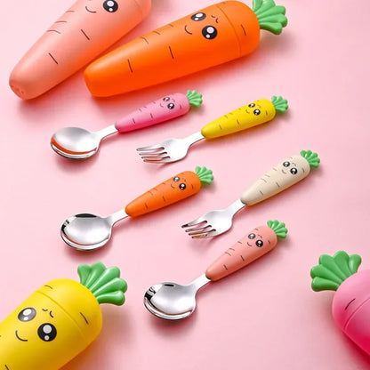 Cute Spoon Fork Tableware Children Carrots Feeding Vegetable Teaspoon Forks Flatware Kids Training Stainless Steel Dinnerware