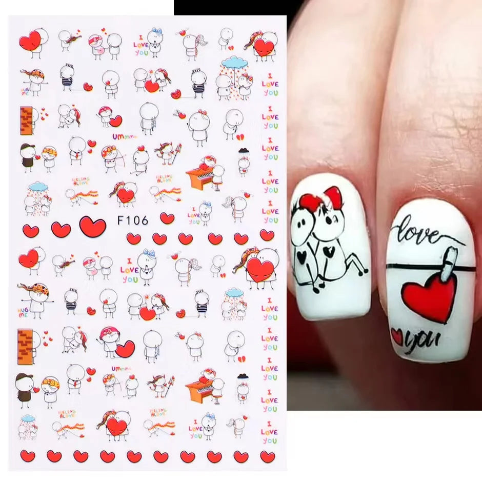 3D Cartoon Valentine Nail Stickers Red love series Various stickers For Girls Nail Decal Adhesive Press On Nails Nails Products