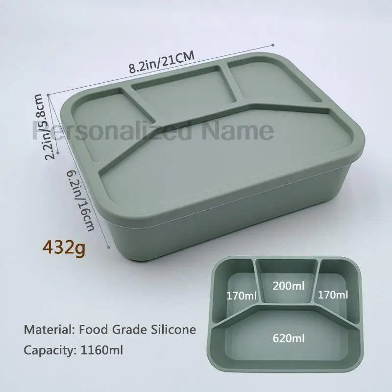 Personalized Name Lunch Box Portable Silicone Bento Box For Student Office Workers Food Container With 4 compartments Leakproof