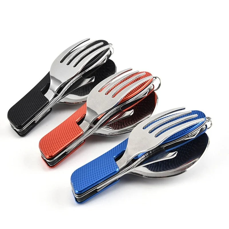 Outdoor Camping Portable Fork Knife Tableware Tools Stainless Steel Multi-Function Folding Spoon&Fork Knife Travel Sets