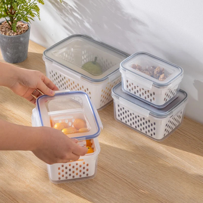 Refrigerator Storage Box with Drain Basket Multipurpose Organizer Fresh Vegetable Fruit Boxes Kitchen Organizer Containers 1PCS
