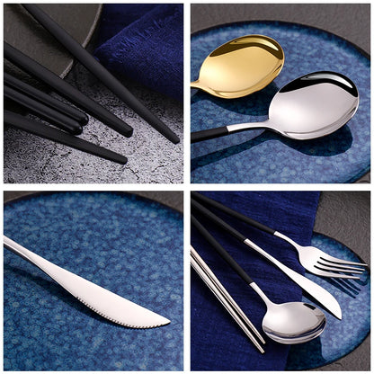 12-16 Pcs Black Gold Cutlery Set Chopsticks Knife Fork Spoon Golden Stainless Steel Korean Dinnerware Set Luxury Tableware Set