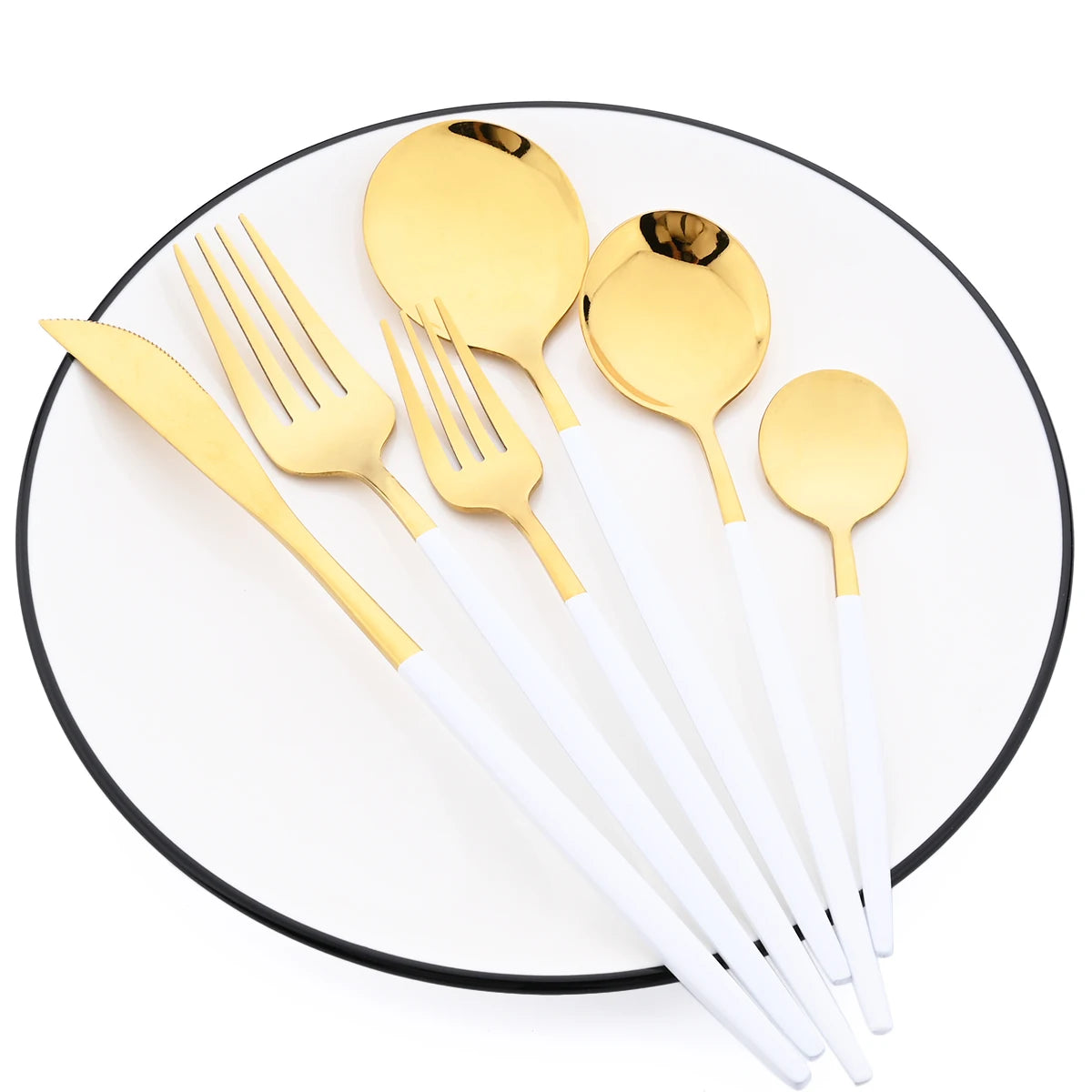 6Pcs White Gold Dinnerware Set Knife Fork Long Handle Spoons Chopsticks Flatware Cutlery Stainless Steel Tableware Silverware