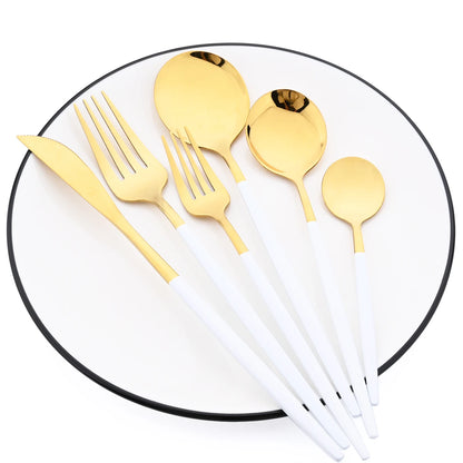 6Pcs White Gold Dinnerware Set Knife Fork Long Handle Spoons Chopsticks Flatware Cutlery Stainless Steel Tableware Silverware