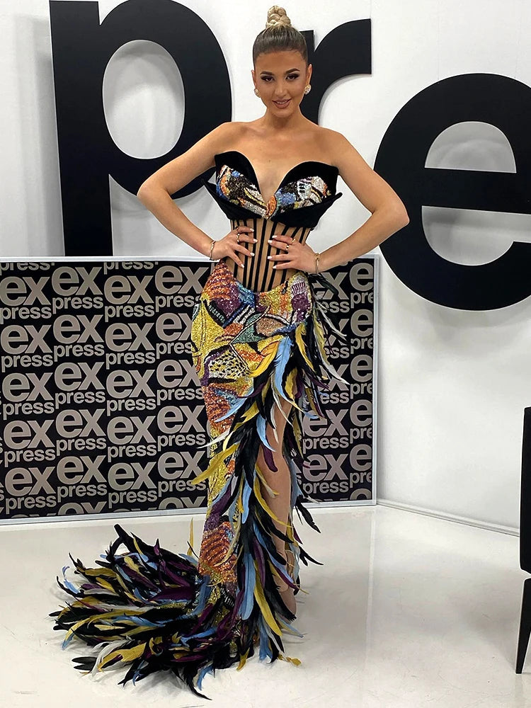 VC Women'S Dress Luxury Colorful Feathers Sexy Strapless Bodycon Long Fashion Evening Party Formal Occasions Evening Gowns