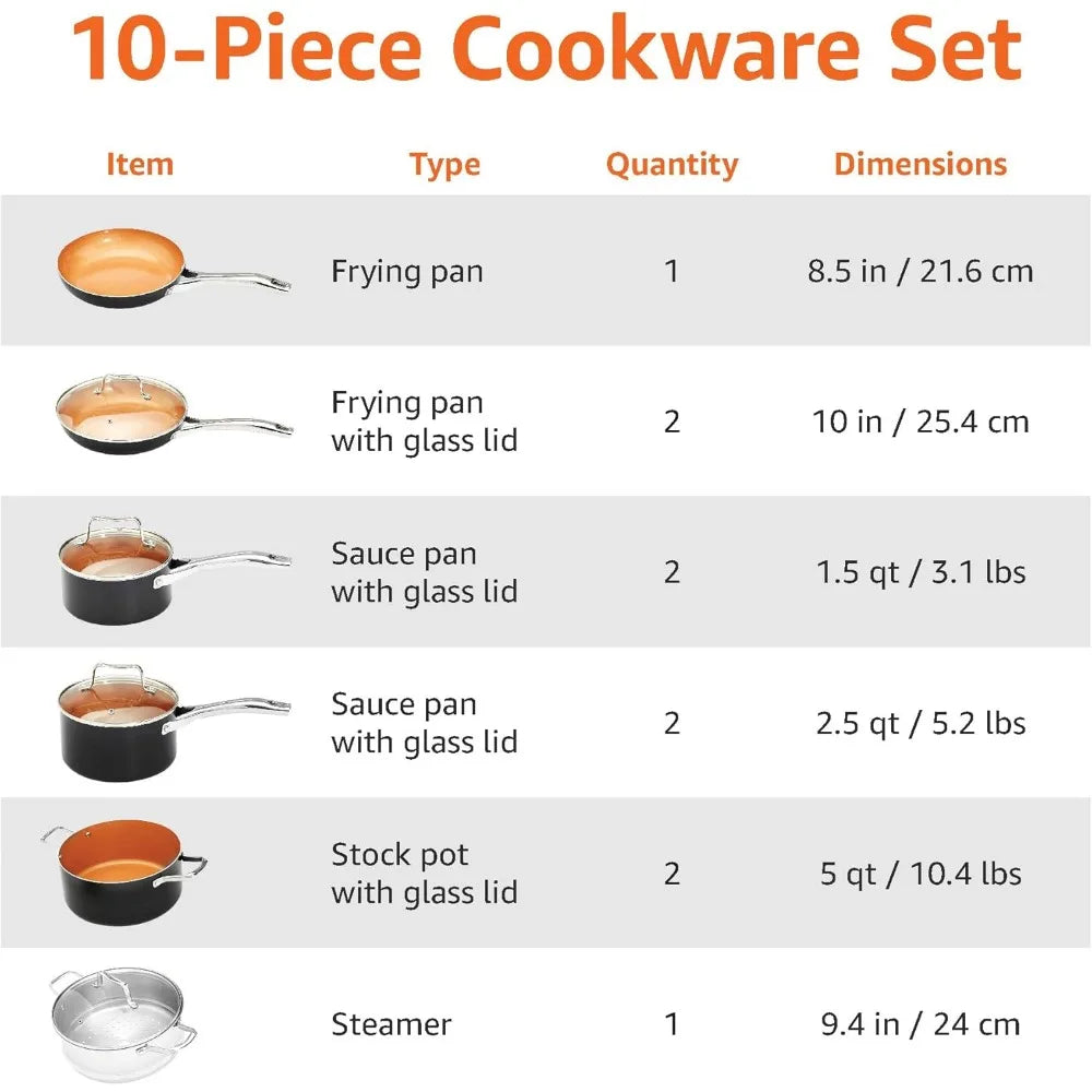 Ceramic Nonstick Pots and Pans Cookware Set, 10-Piece Set- Copper Color