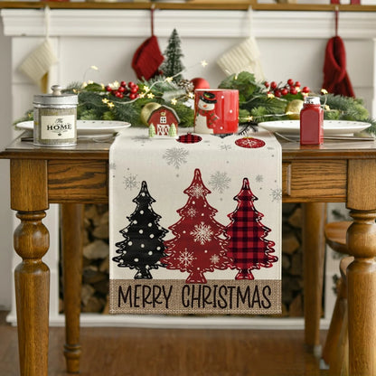 Merry Christmas Red Pine Trees Linen Table Runner Winter Xmas Holiday Party Kitchen Dining Table Decor Navidad Decorations 2025