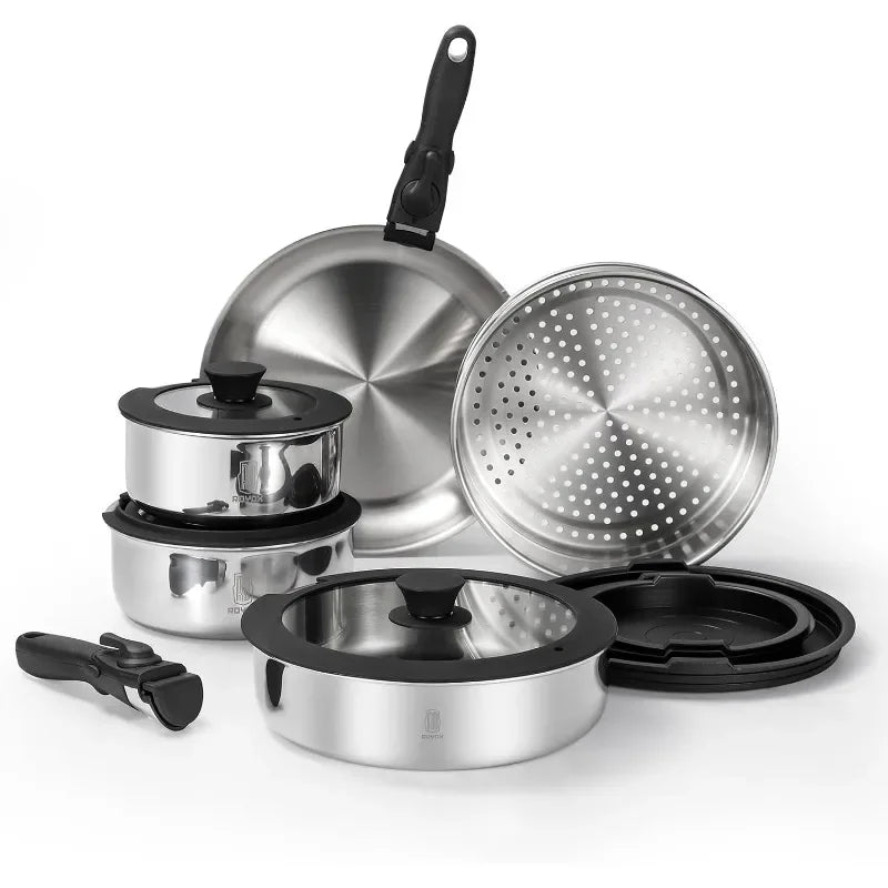 Pots and Pans Set, 20 Piece Stainless Steel Kitchen Removable Handle Cookware Set, Frying Saucepans with Lid, Stay-Cool