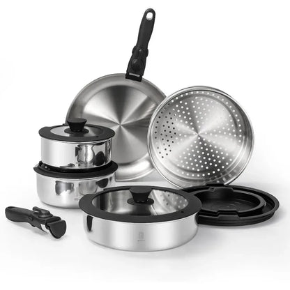 Pots and Pans Set, 20 Piece Stainless Steel Kitchen Removable Handle Cookware Set, Frying Saucepans with Lid, Stay-Cool
