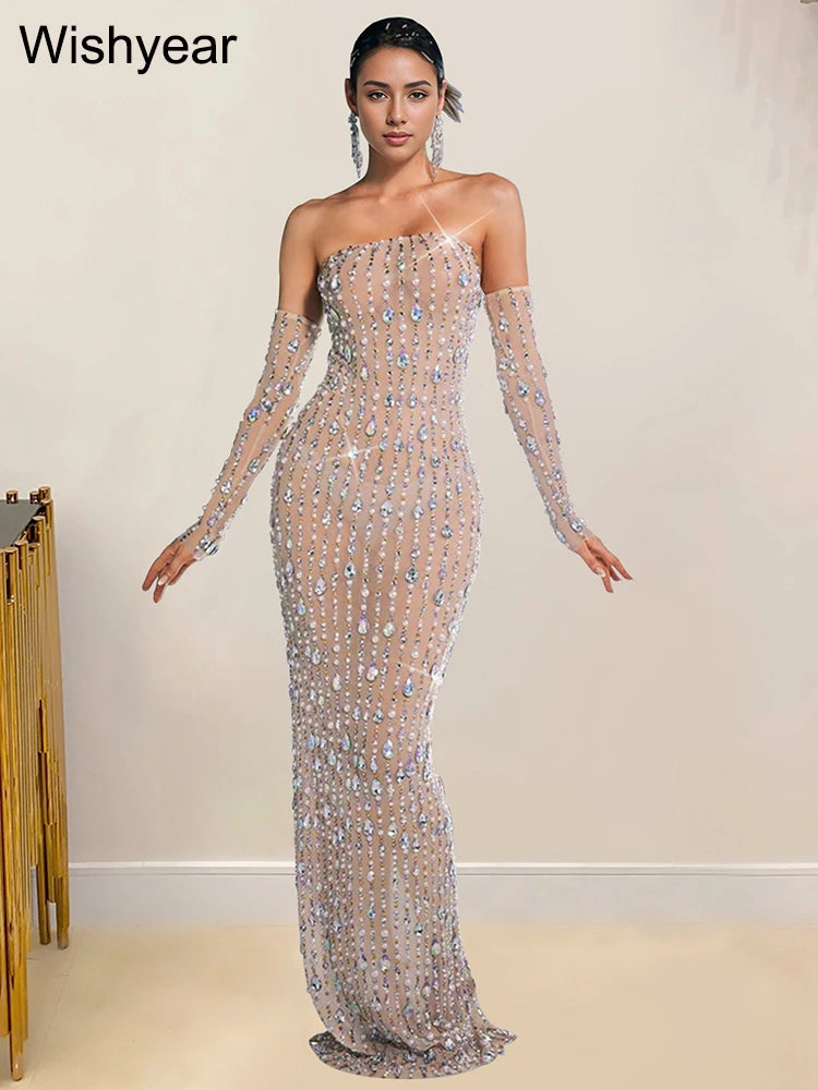 Wishyear Women Elegant luxury rhinestone Black Strapless Backless Evening Dress with Glove Formal Occasion Prom Birhtday Vestido
