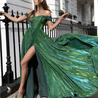 Blue Sequined High Waist Slit Dress