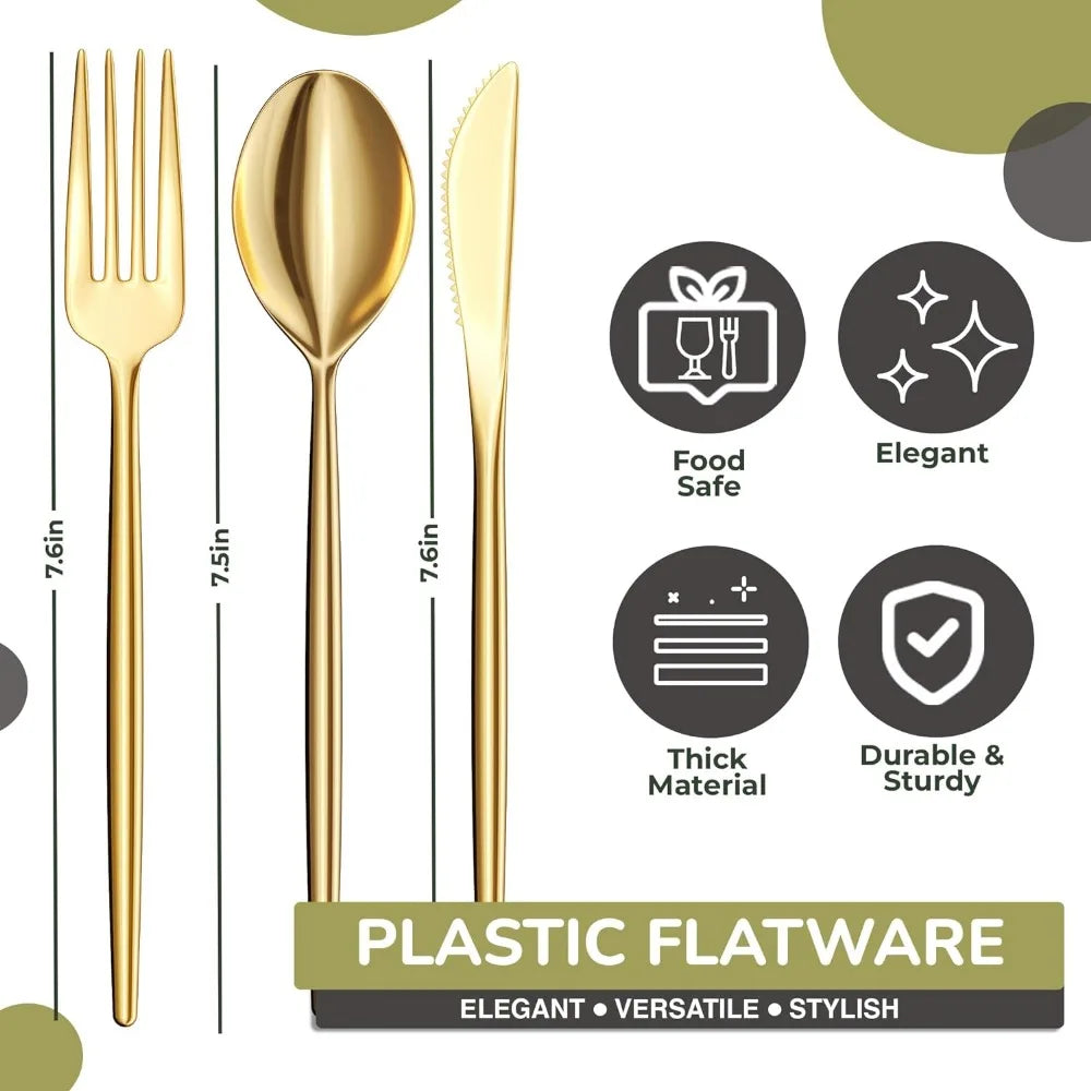 Gold Plastic Forks and Spoons 360 Pack Disposable Silverware Set - Plastic Cutlery Set Includes 3 x 120 - Forks Silverware - Pla