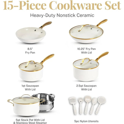 15 Pcs Ceramic Pots & Pans Set Non Stick, Ceramic Kitchen Cookware Sets, Non Toxic Cookware Set, Dishwasher Safe, Cream White