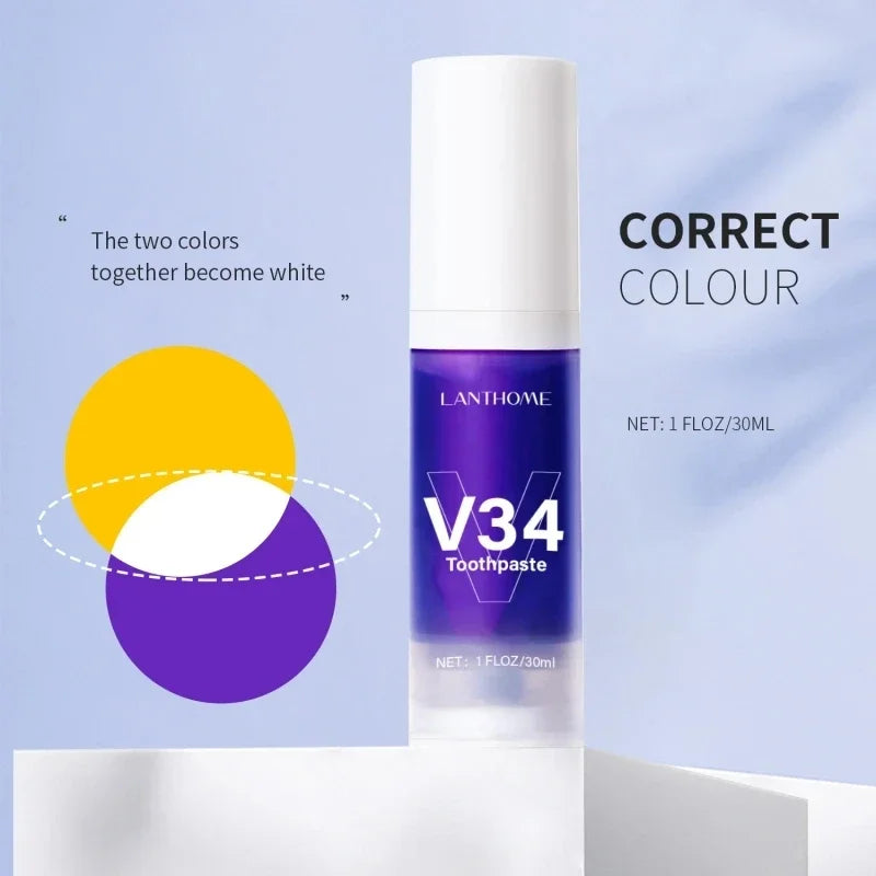 V34 Pro Smile Removal Plaque Stain Purple Corrector Teeth Whitening Toothpaste Enamel Easy Reduce Yellowing Oral Clean Care New