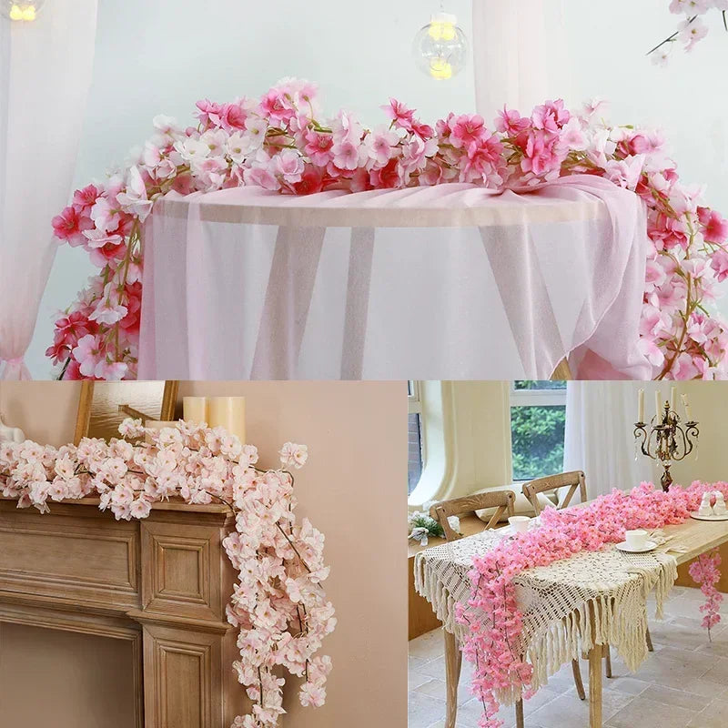 Artificial Flowers Cherry Blossoms Vines Silk Flowers Sakura Rattan Christmas Ornament Hanging Garland Wedding Home Decoration