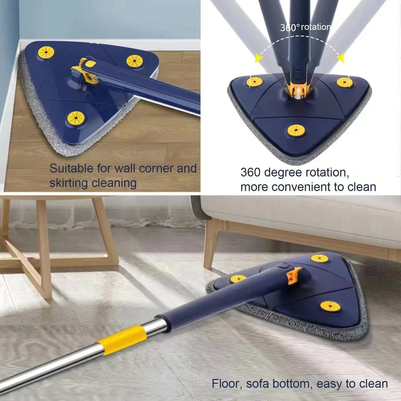 Triangle Cleaning Mop Telescopic 360° Rotatable Adjustable Microfiber Mop with 4 Mop Pads Floor Household Cleaning Ceiling