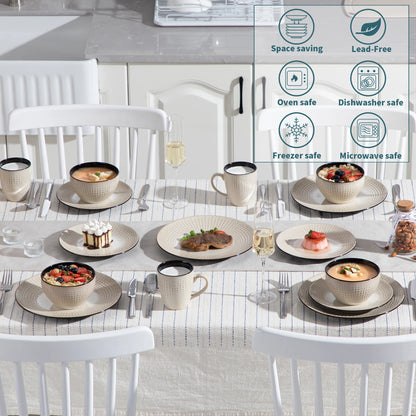 VANCASSO GUTO 16/32/48 Piece Beige Embossed Stoneware Tableware Set with Dinner/Dessert Plate/Soup Bowl/Mug Service for 4/8/12