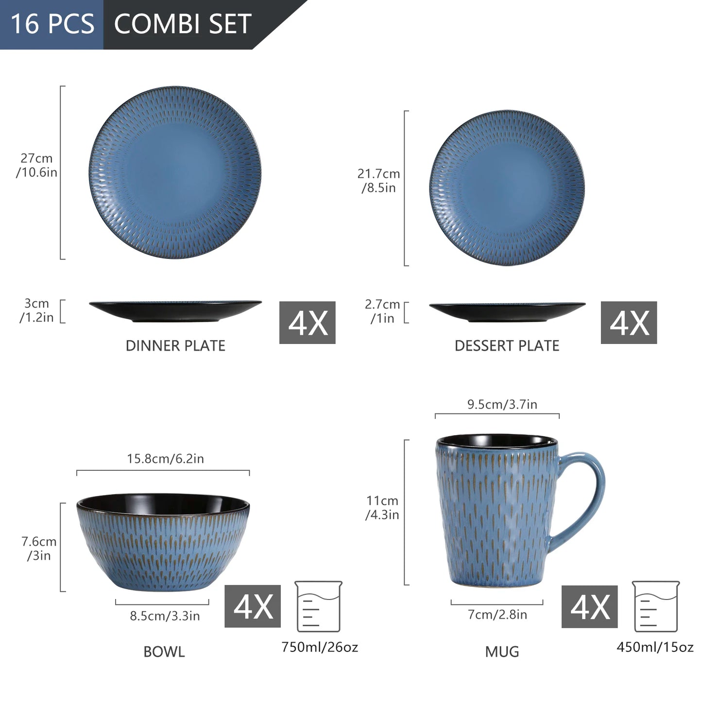VANCASSO PLUVO 16/32/48 Piece Blue Embossed Stoneware Tableware Set with Dinner/Dessert Plate/Soup Bowl/Mug Service for 4/8/12