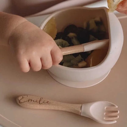 Personalized name Food Grade Baby Feeding Set with Spoon, fork,Silicone Suction Bowls and bib BPA Free - First Stage Self Feed